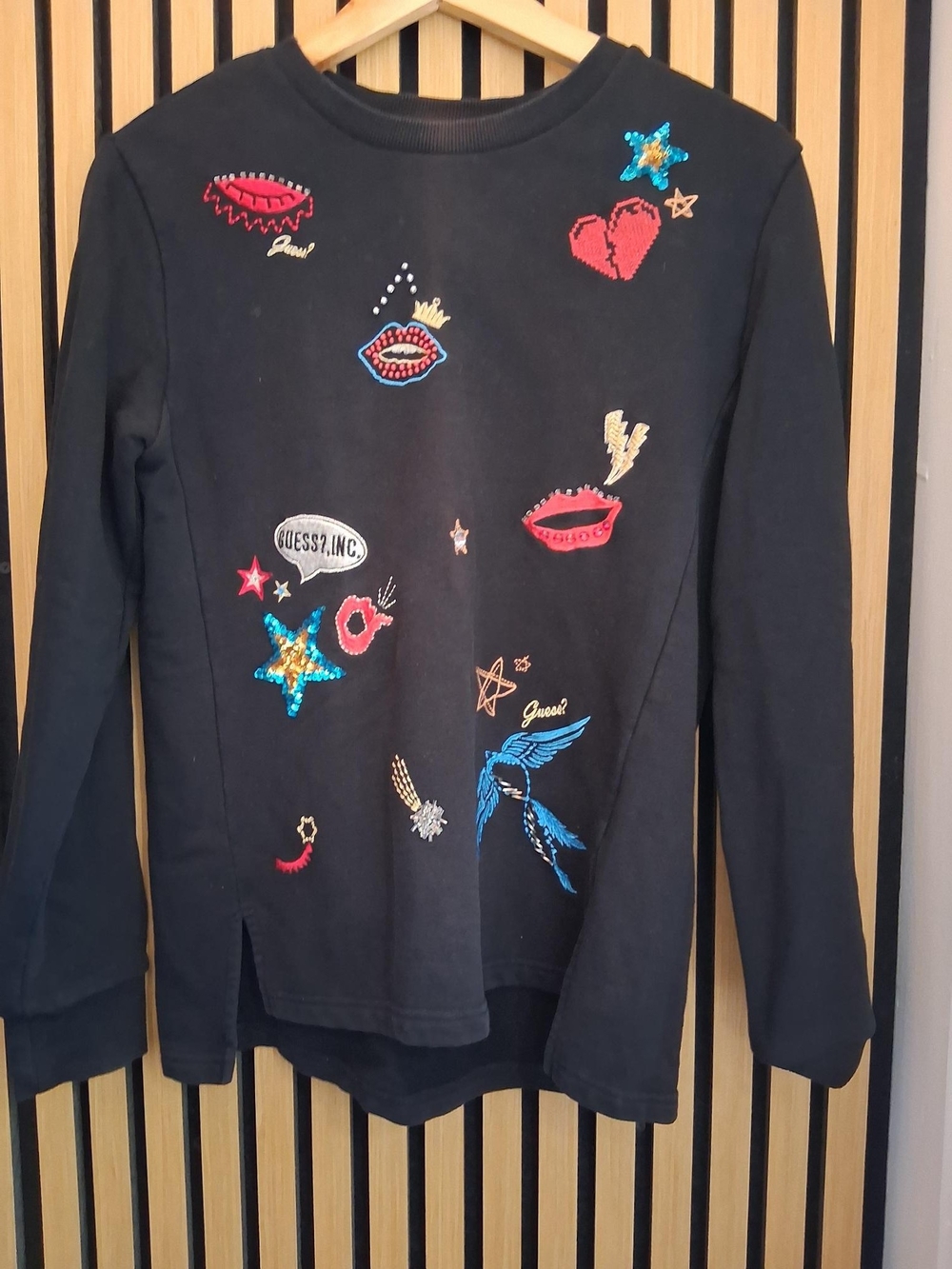 Guess Black Long-Sleeve Top with Colorful Sequin & Embroidered Patches